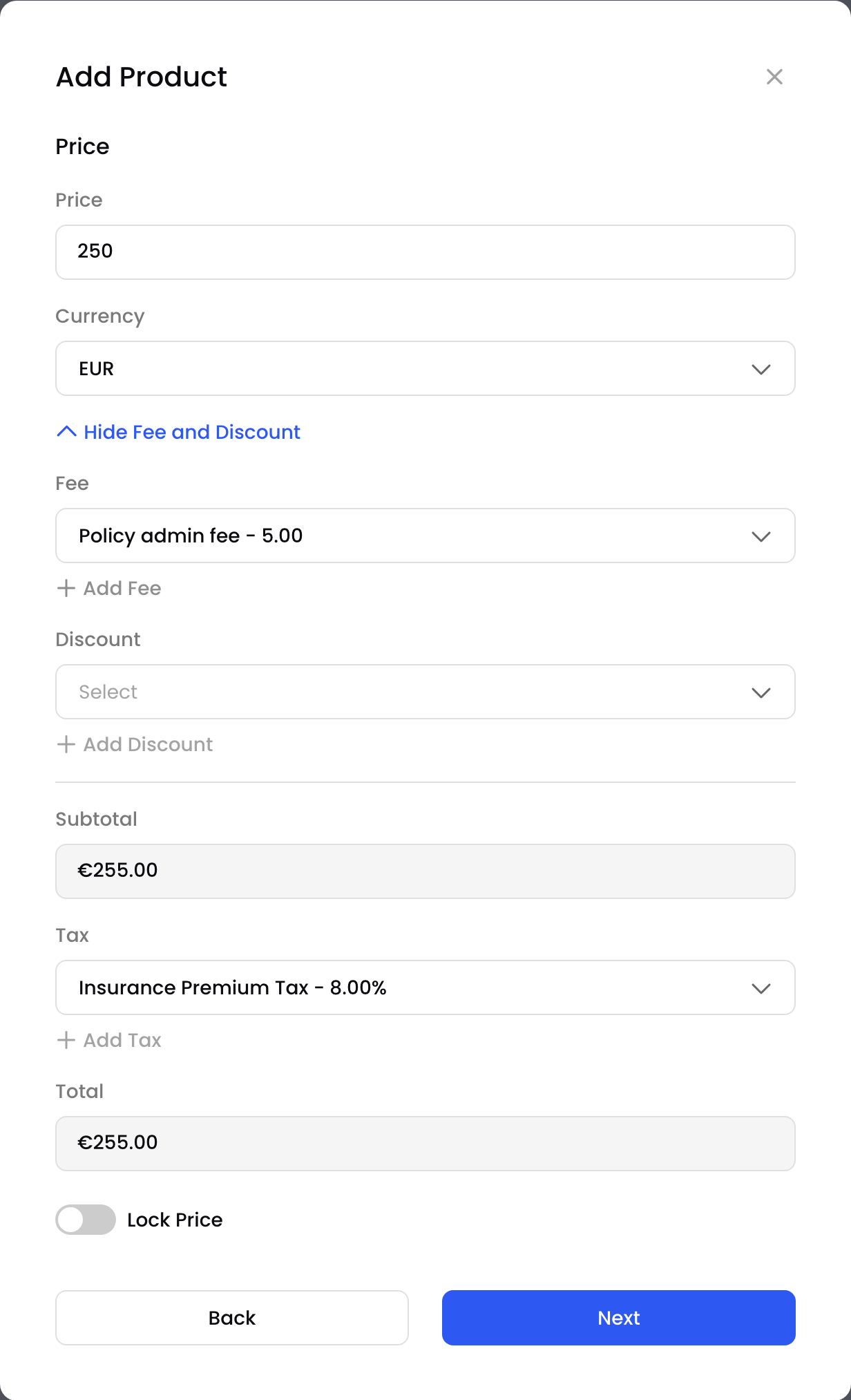 The Price step with a fee and a tax