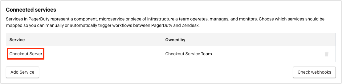 A screenshot of the PagerDuty web app showing a connected service