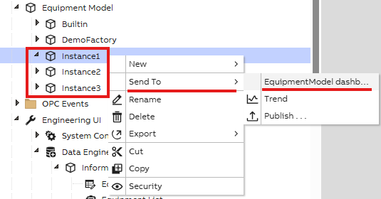 Same dashboard may be opened from all the instances of one Equipment model and when opening the dashboard will show information of chosen instance