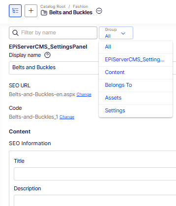 Screenshot of the category properties page with the Group drop-down list and property filter field.