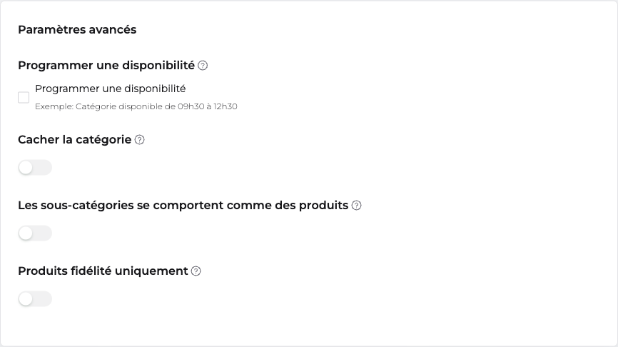 Paramètres avancés d'une catégorie