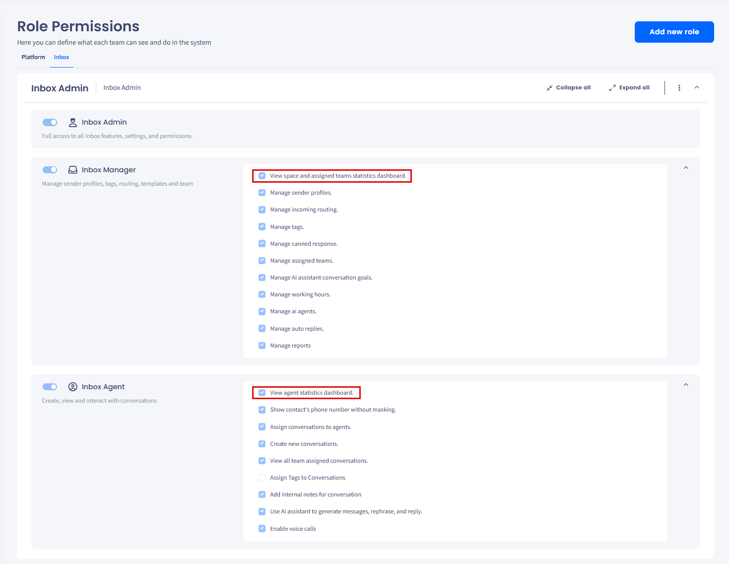 Screenshot of the Role Permissions tab