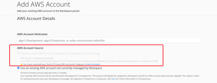 when 0 accounts are remaining when you try to create a new account via the rackspace portal