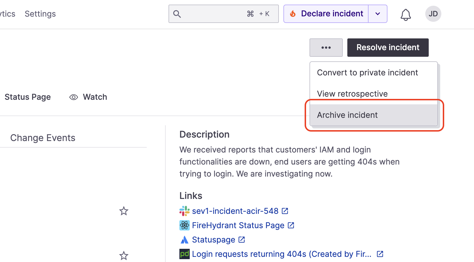 Archiving an incident from its Command Center