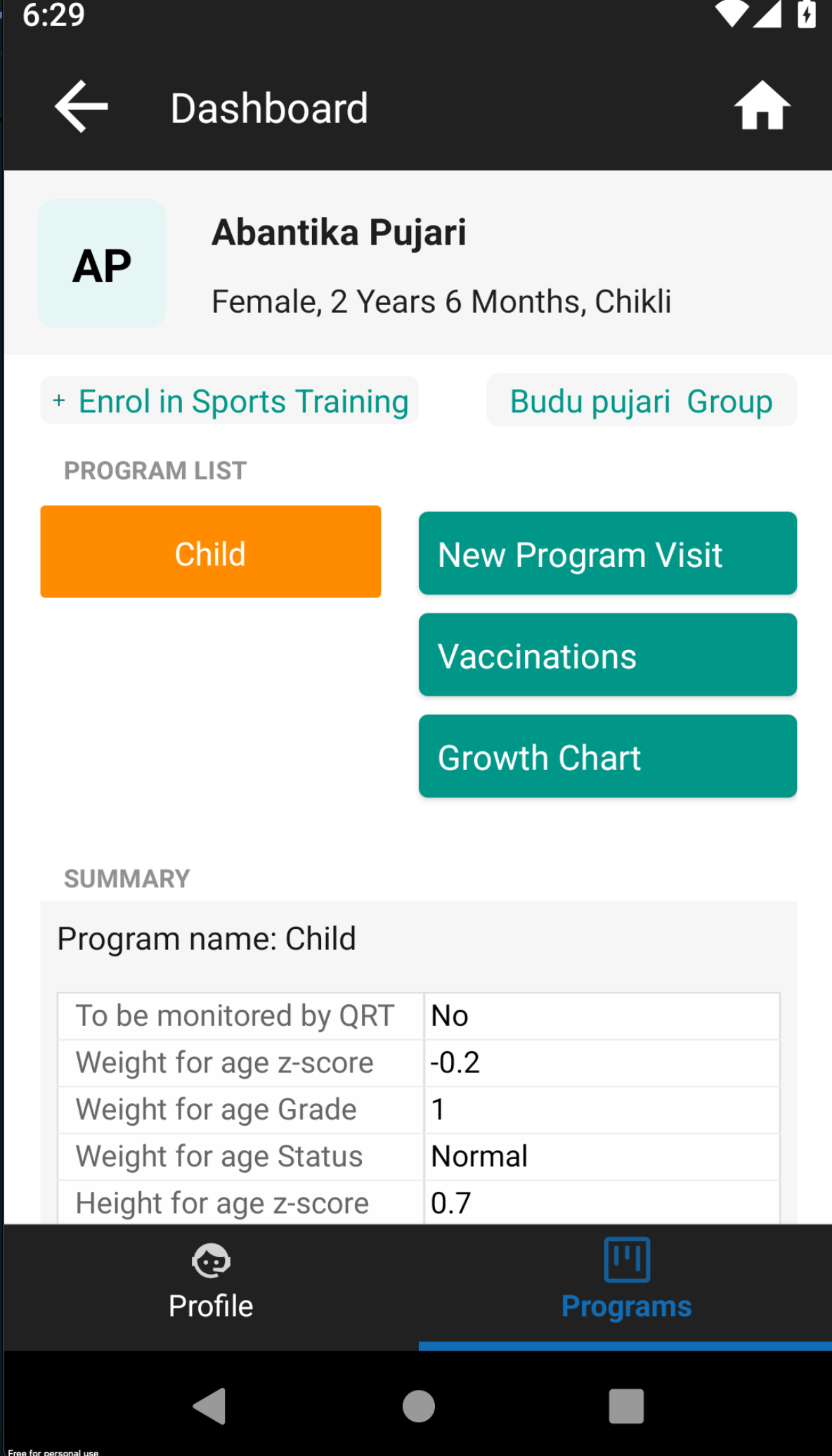 Growth Chart Button on Dashboard