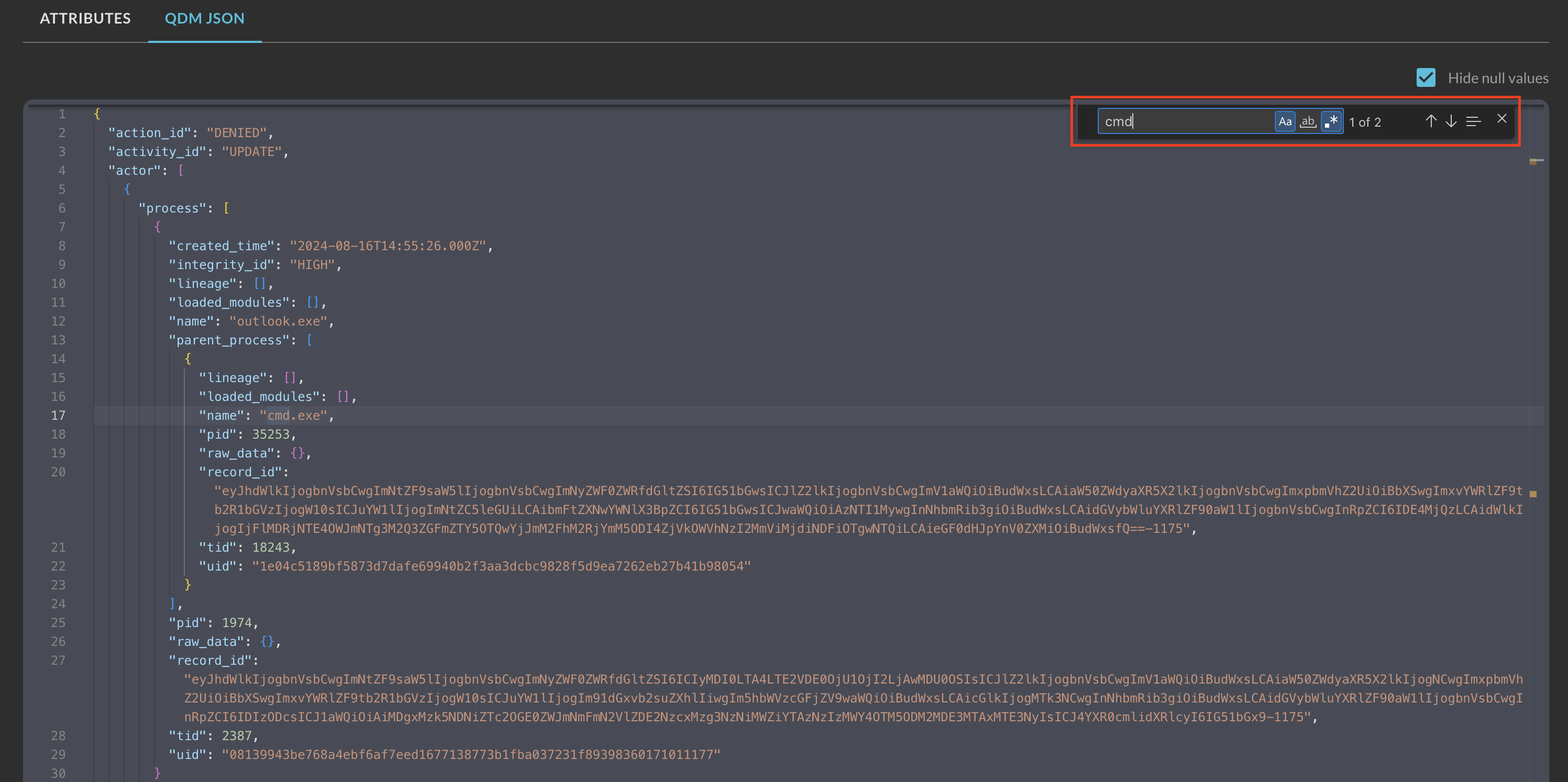 Fig. 19 - Searching with CTRL + F or CMD + F in QDM JSON results