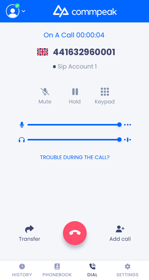 Screenshot of the built-in Softphone active call options