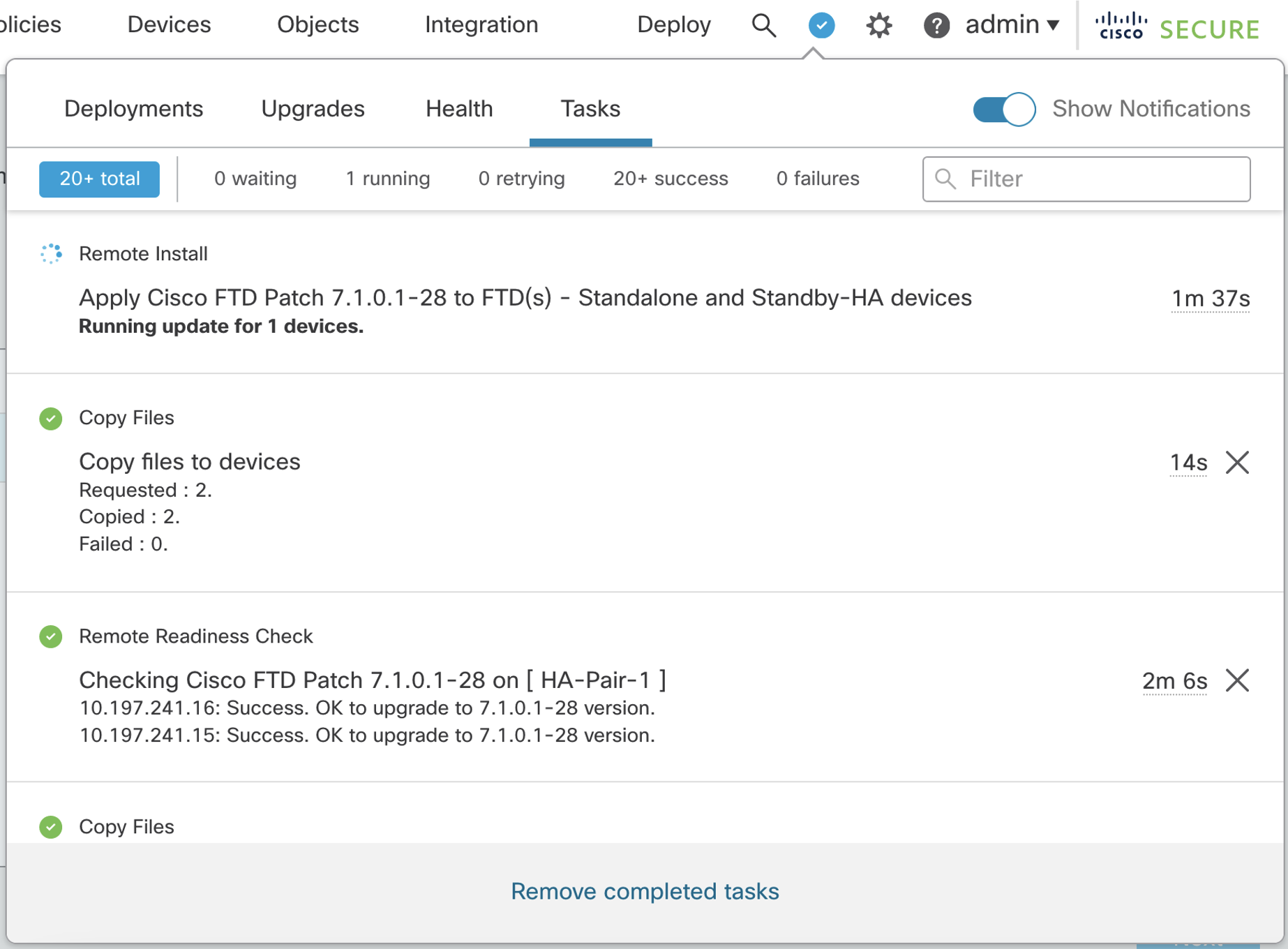 Figure 11: Monitoring Upgrade Status via Tasks