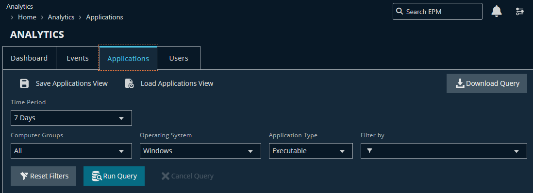 Application tab in Analytics with Run query