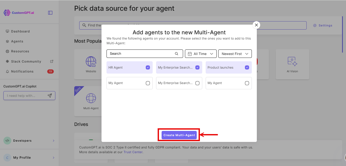 Create multi-agent button on the pop-up window