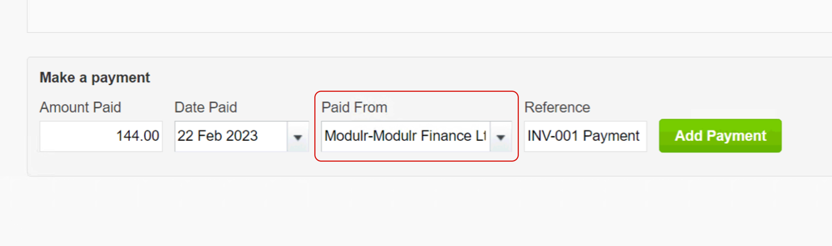You'll be able to select your Modulr Account's name in the 'Paid From' dropdown.