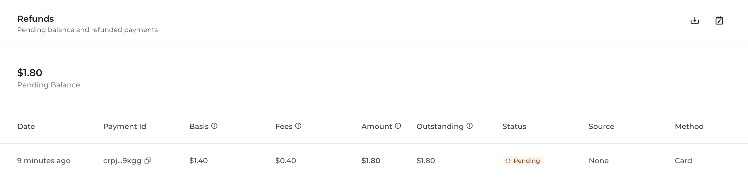 View of the Refunds tab from the Merchant dashboard.