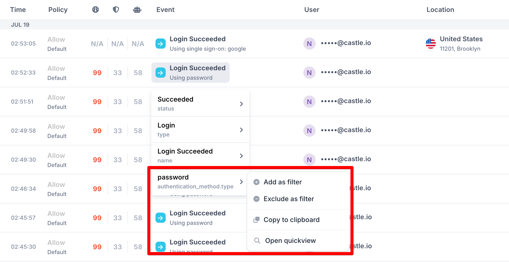 Metadata filter on Login events