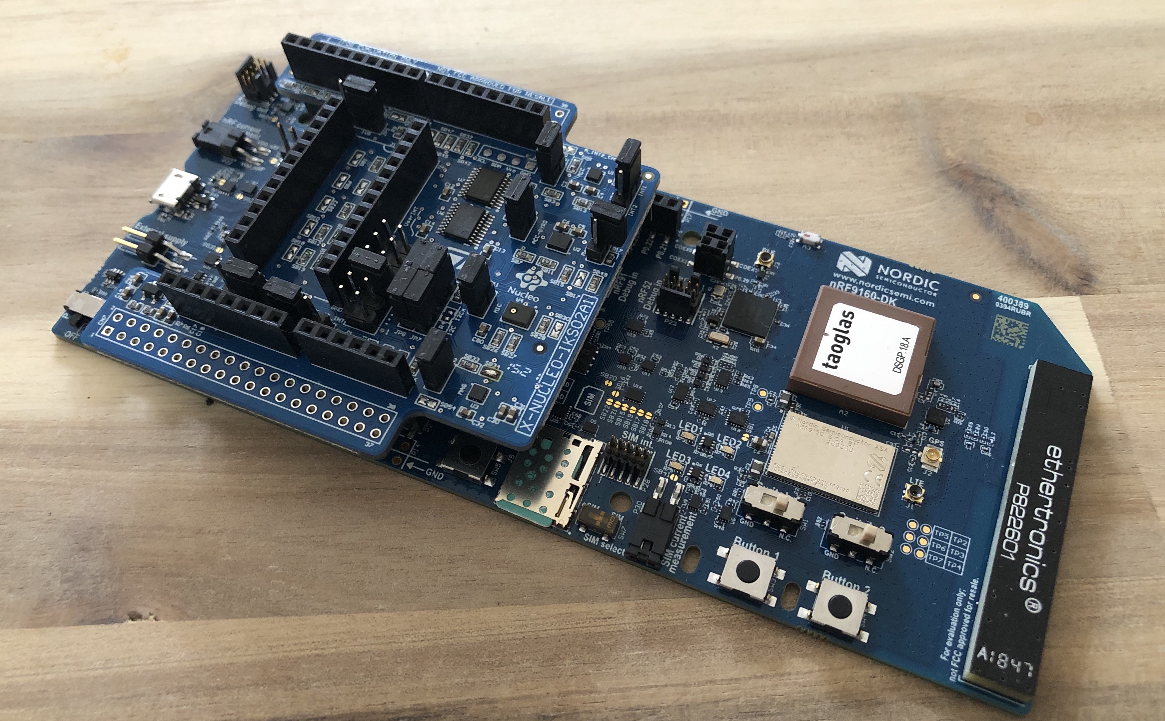X-NUCLEO-IKS02A1 shield plugged in to the nRF9160 DK