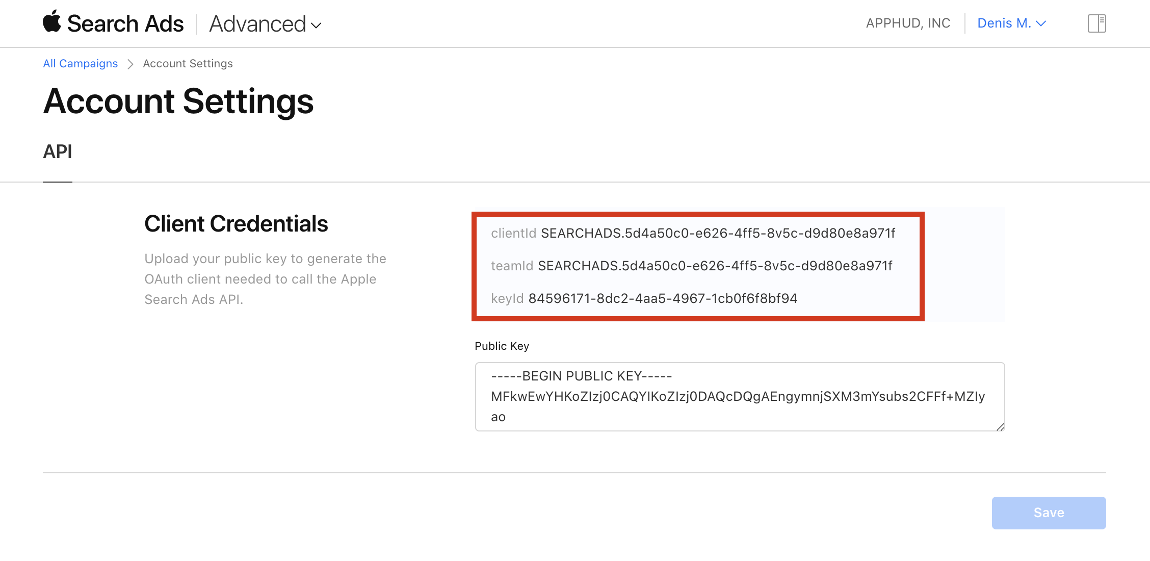 Apple Search Ads API credentials