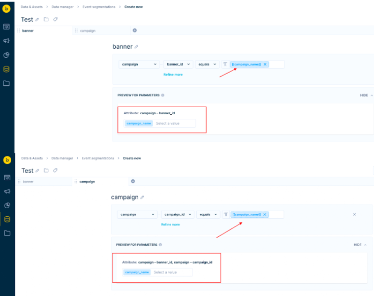 Two analyses using the same parameter name across different event attributes