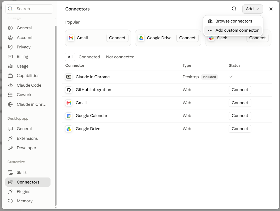 Claude Settings Connectors page with Add custom connector selected from the Add menu