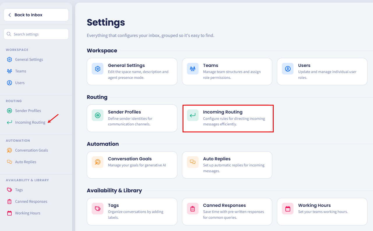Screenshot of the Incoming routing page
