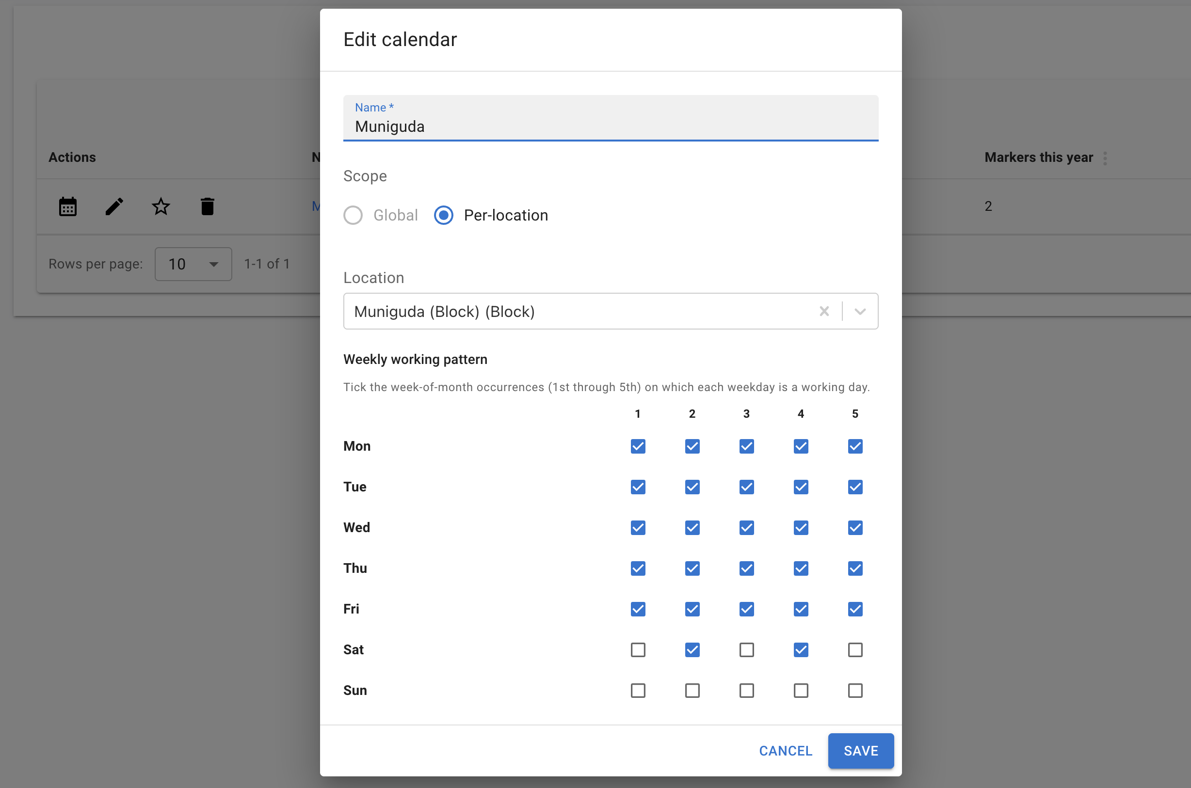 Edit Calendar modal — Muniguda per-location, weekly working-pattern grid with Mon–Fri all on and Sat columns 2 and 4 ticked