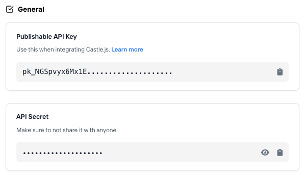 Publishable Key and API Secret