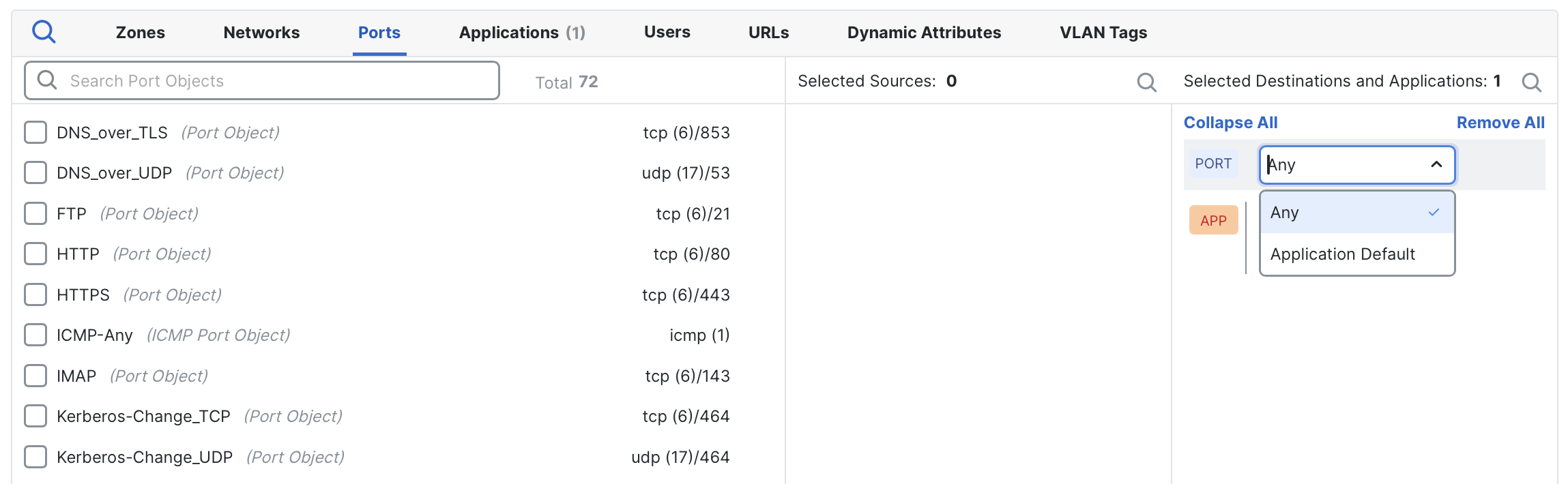 In FMC, an application rule is being switched from Any to Application Default ports