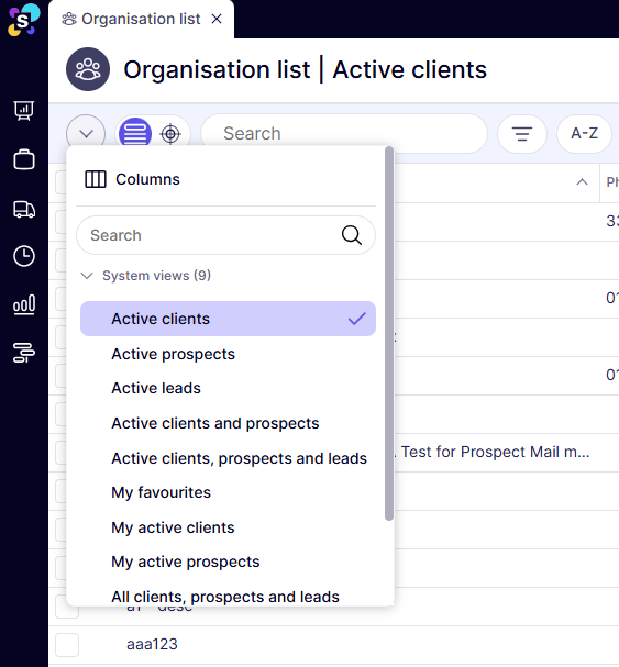 Organisation list showing the Active clients view selected in the System views list