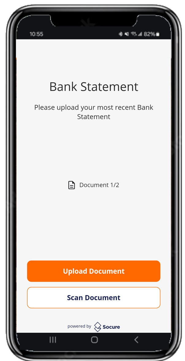Document Upload Screen: Prompts the consumer to submit the first required document using either a manual file upload or a document capture using the device's camera.