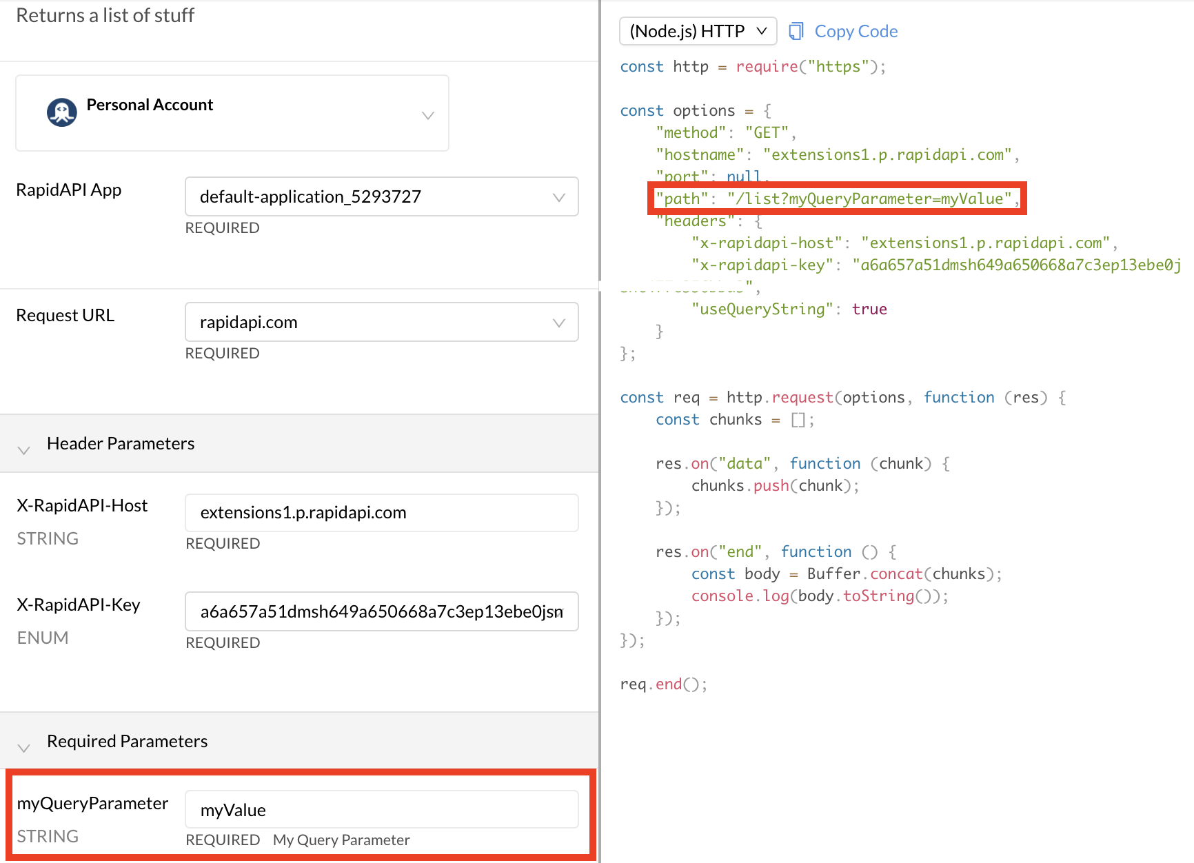 The API consumer view of Query Parameter authentication.