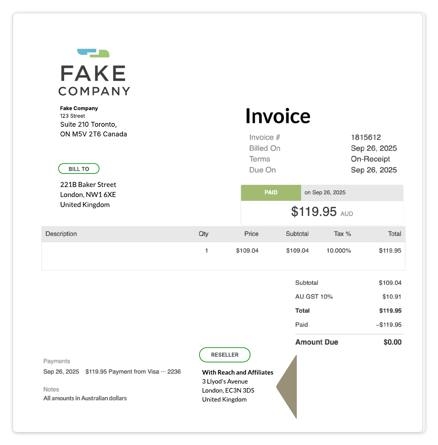 Example invoice with Reach as reseller in the footer.