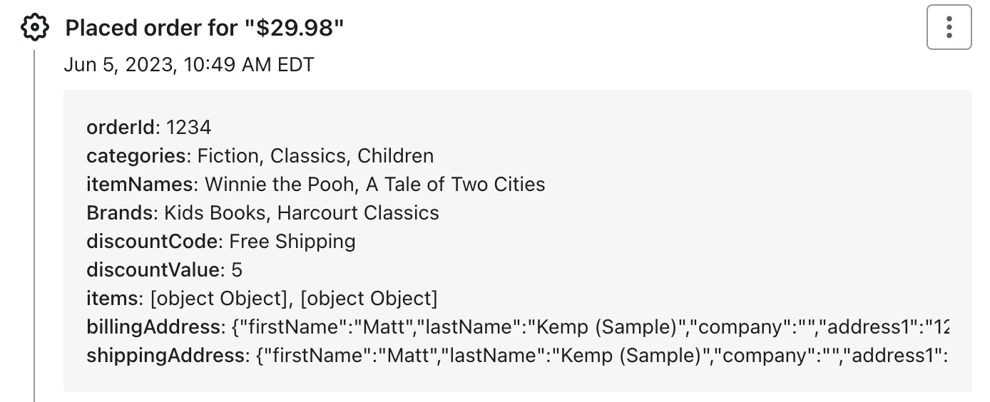 Placed Order event details showing various top level properties 