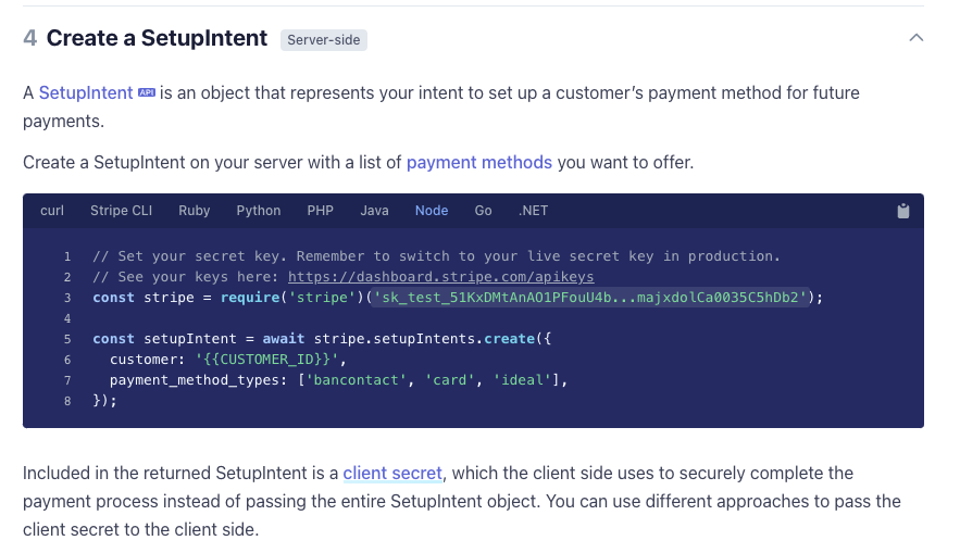 Creating a SetupIntent