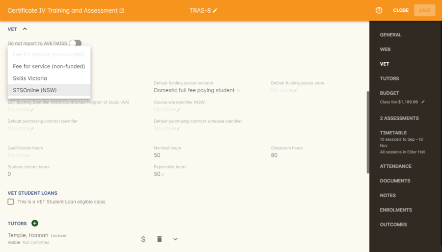 Figure 460. Adding a Funding Contract as the default on the Class VET tab