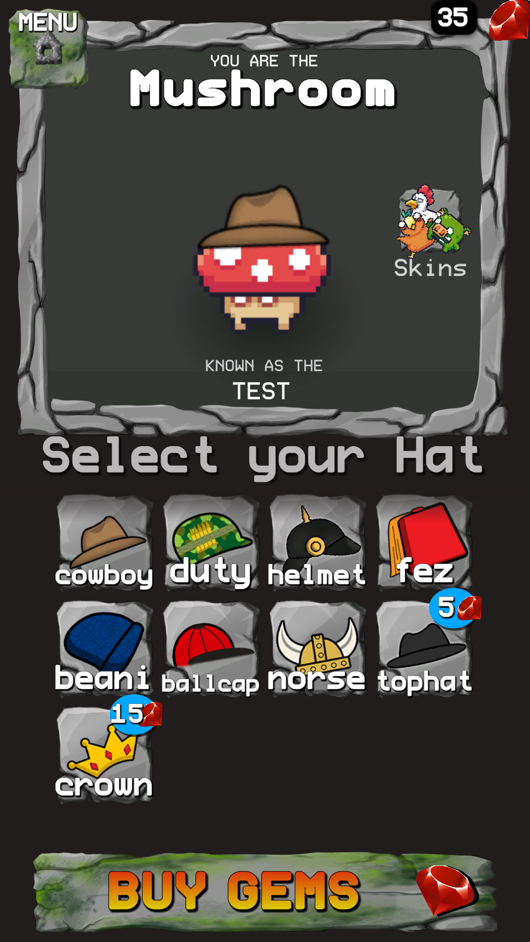 The player inventory, full of hats.