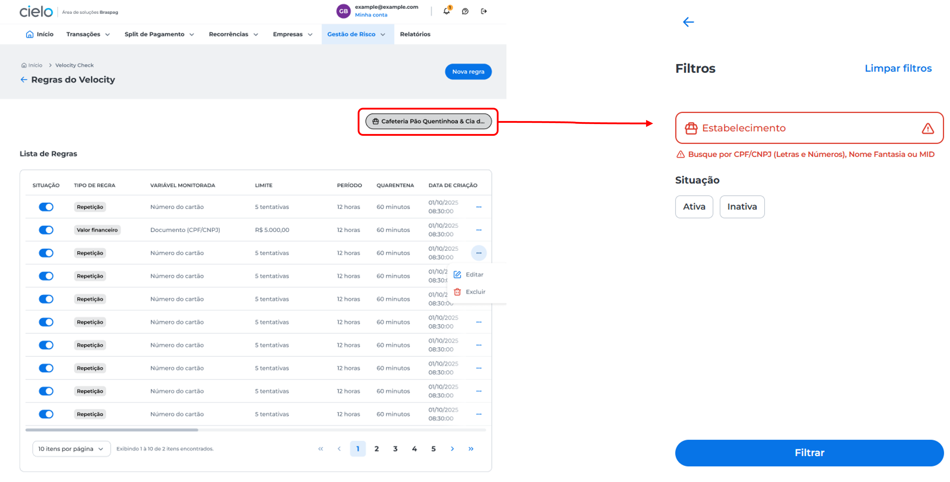 4. A **lista de regras** será exibida. Você pode utilizar o filtro e selecionar o estabelecimento e situação da regra (Ativa / Inativa) que deseja visualizar