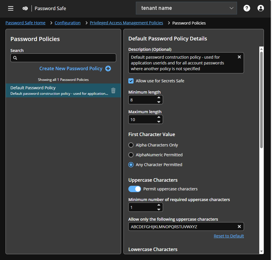 Password Policies page