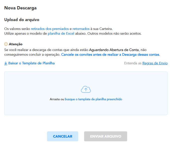 Modal para upload de planilha para descarga