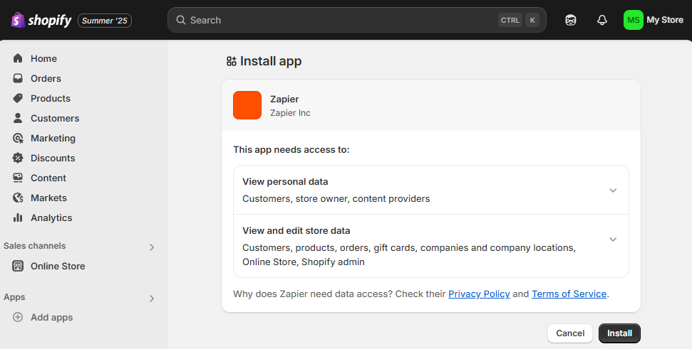 Screenshot of the screen with installing Shopify app
