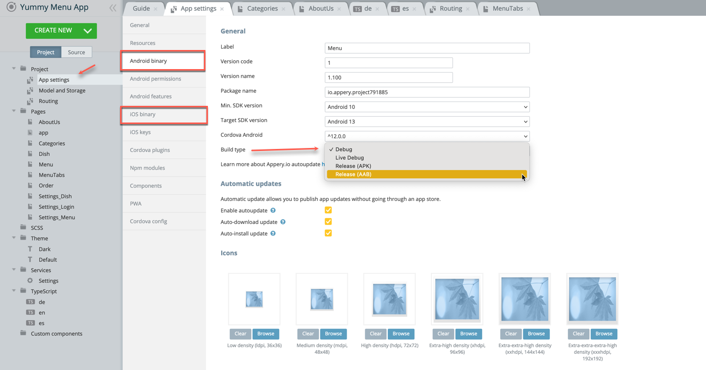 Selecting iOS binary build type