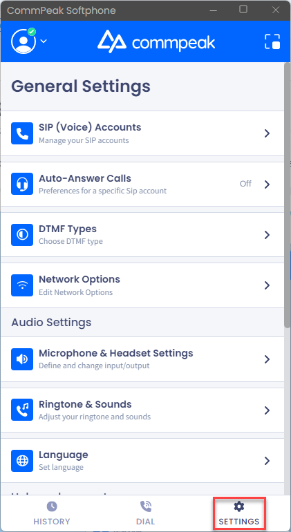 Screenshot of the **Settings** button: full mode