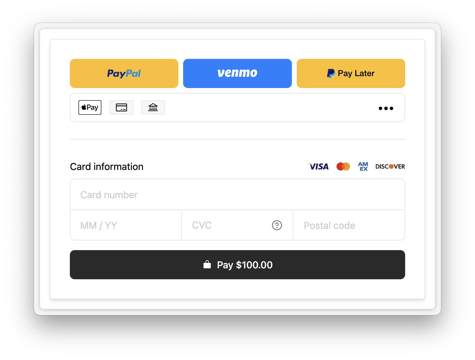 Rainforest Payment Component with digital wallet buttons for PayPal, Venmo, and PayPal Pay Later
