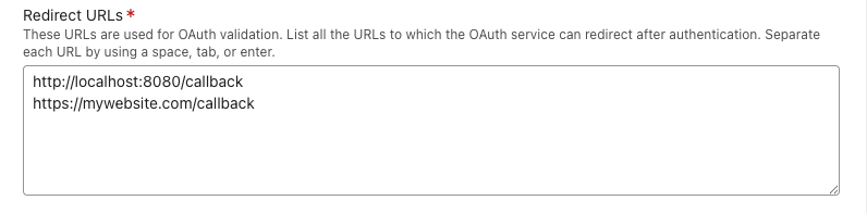 Example of listed redirect URLs, each on a new line.