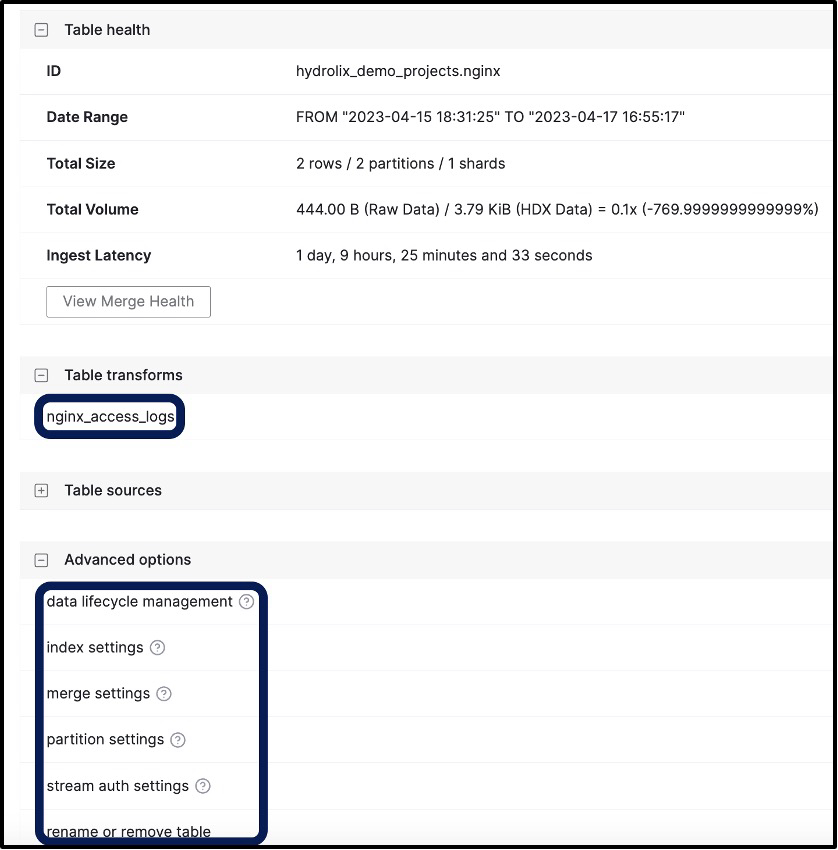 **Figure 4 - Table Details Including Associated Transforms and Settings**