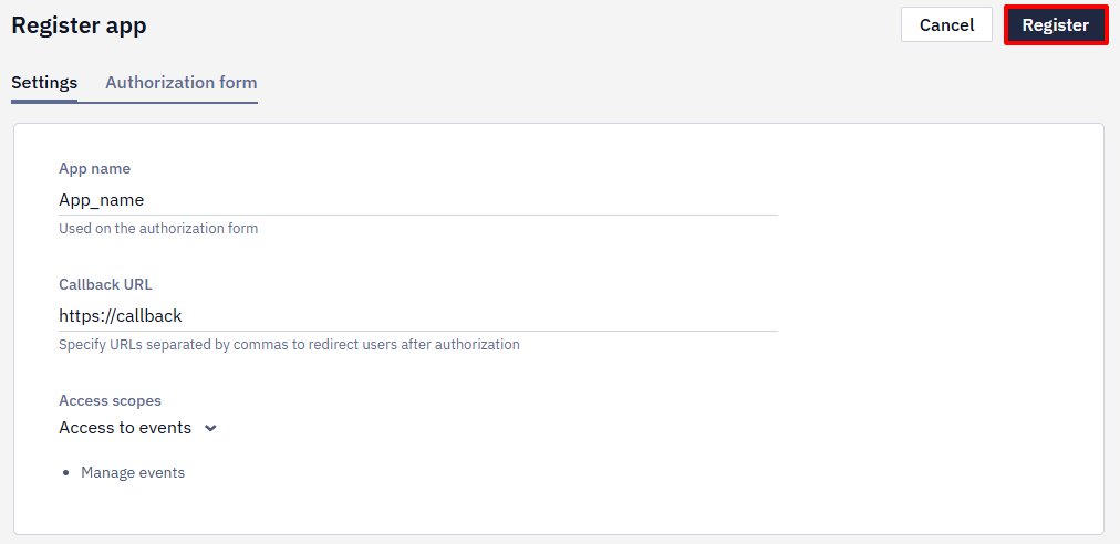 Register app panel with App name, Callback URL, and Access scopes fields filled in and the Register button highlighted