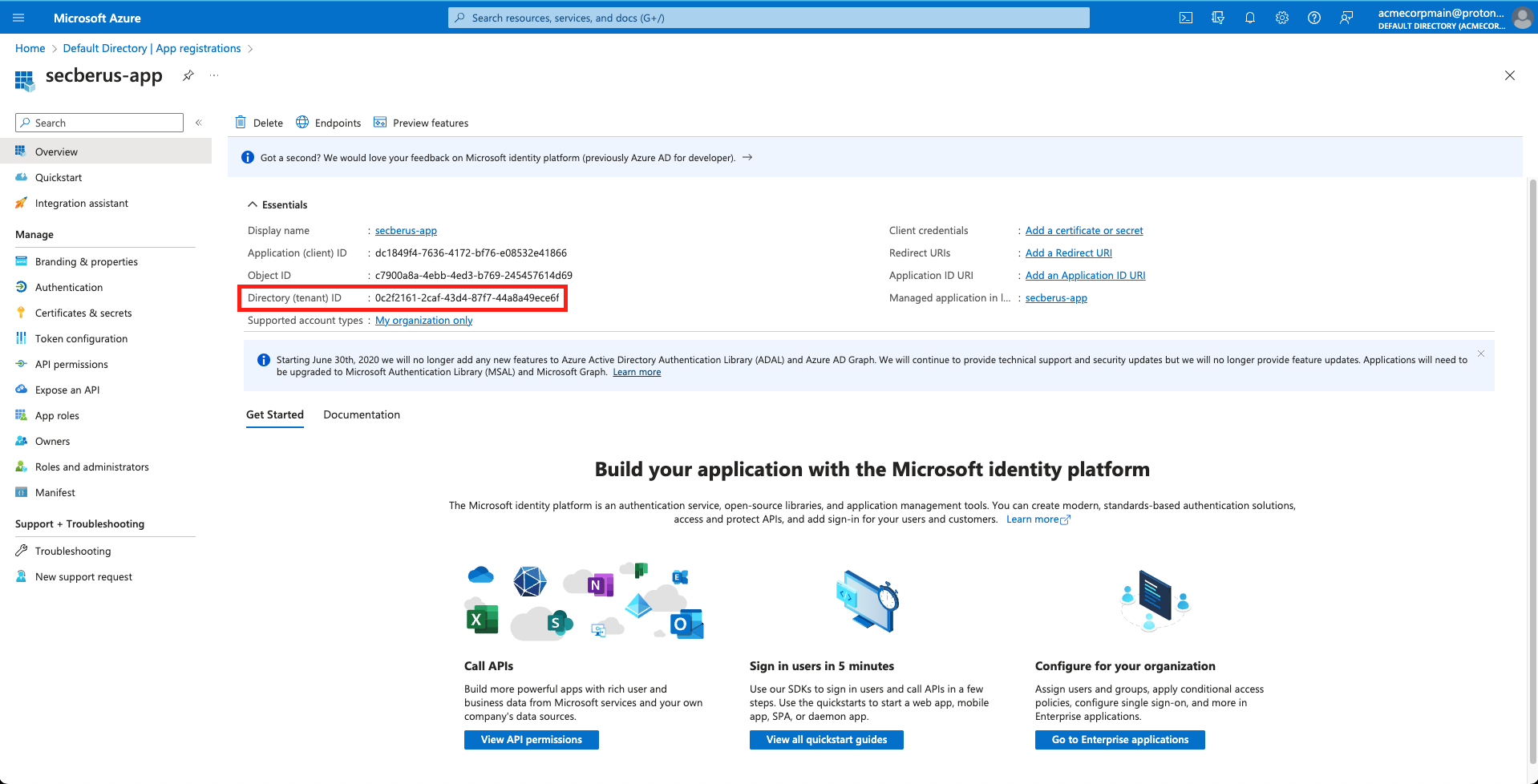 Copy the 'Directory (tenant) ID' from Azure