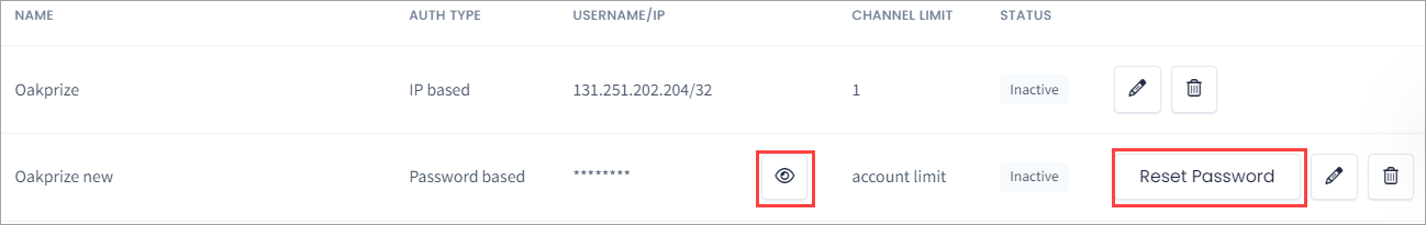 Screenshot of the SIP Accounts table