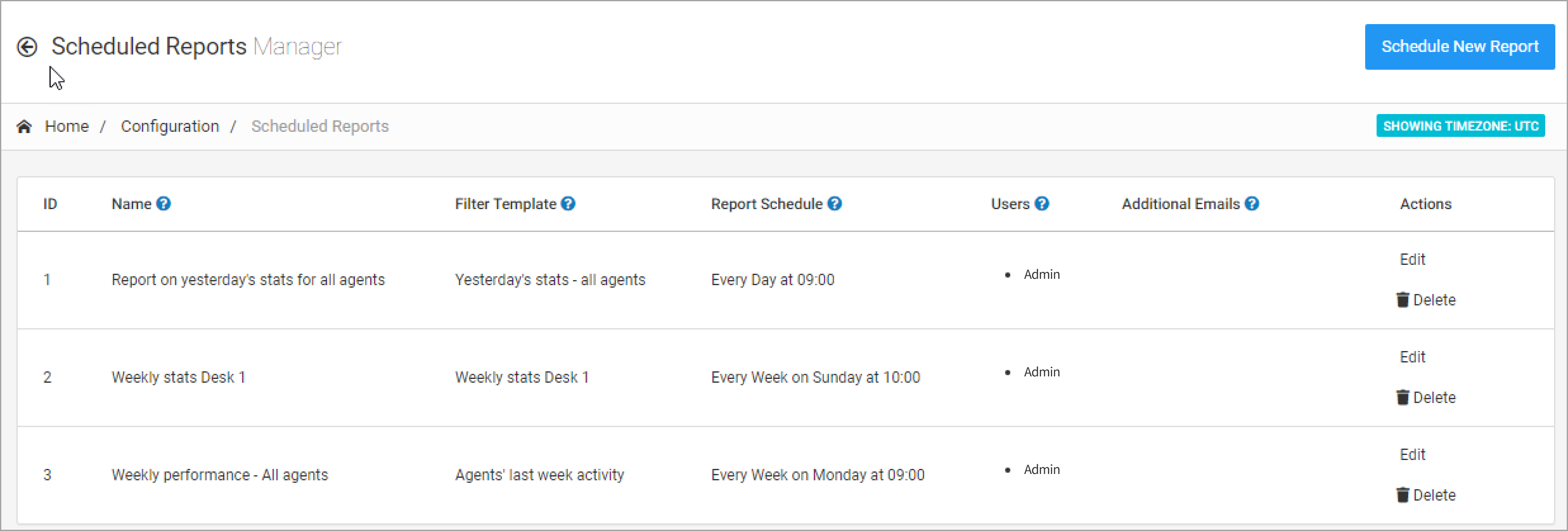 Screenshot of the **Configuration > Scheduled Reports** tab