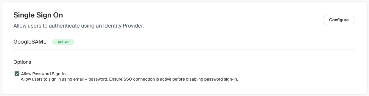 The _Allow Password Sign-In_ option under the _Single Sign-On_ section