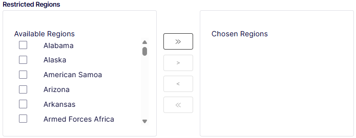 Restricted Regions dual-list control showing Available Regions and Chosen Regions panels