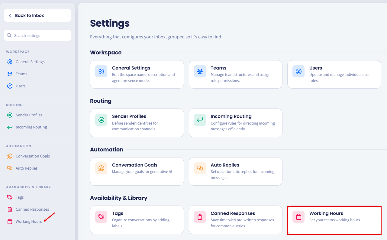 Screenshot of the Inbox Settings Working hours tab