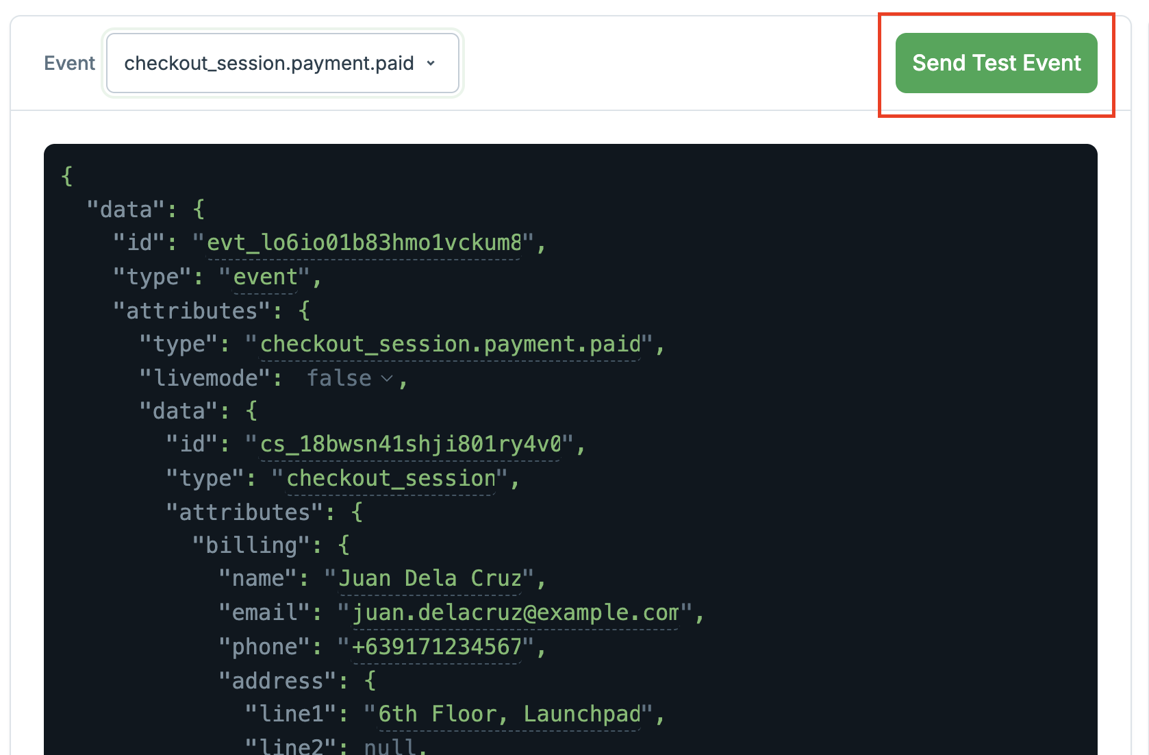 Location of Send Test Event button